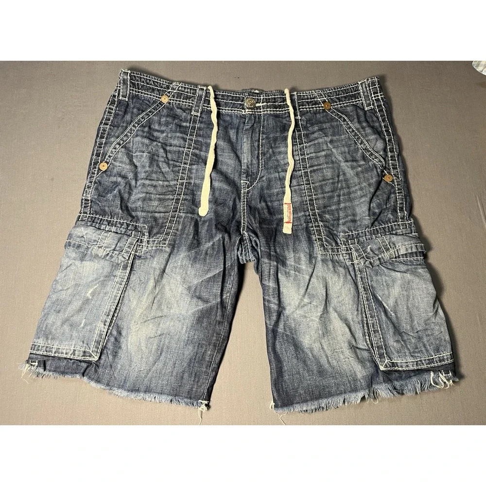 TRUE RELIGION Commander Big T Cargo Shorts Mens 42 Denim Drawstring